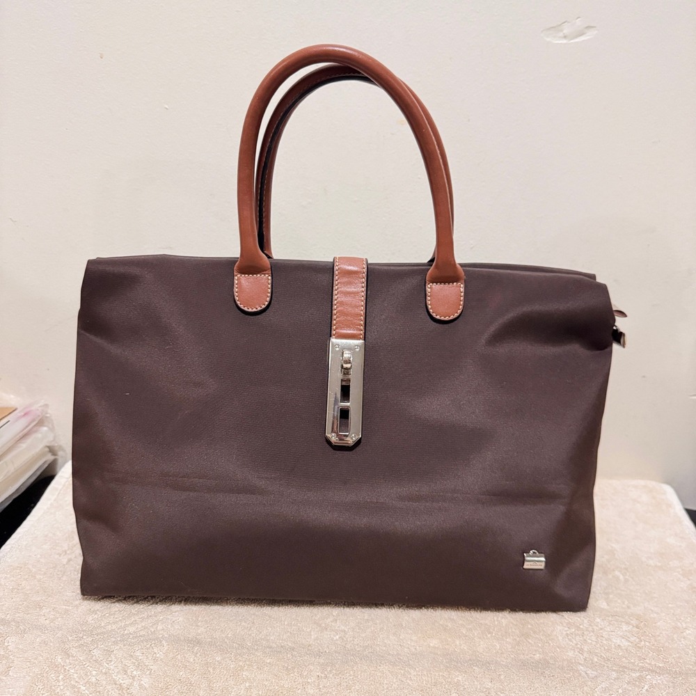 La Bagagerie Women's Brown Nylon Leather Large Tote Top Handle Bag